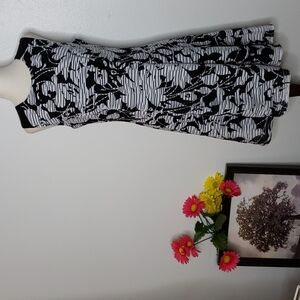LOFT Floral Stripe Fit n Flare Dress Ann Taylor Casual Office Sheer Overlay